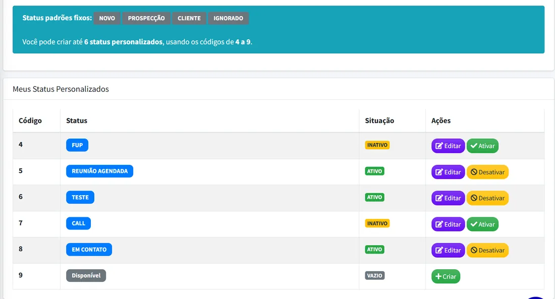 Status personalizados no CRM Plus do EmpresAqui